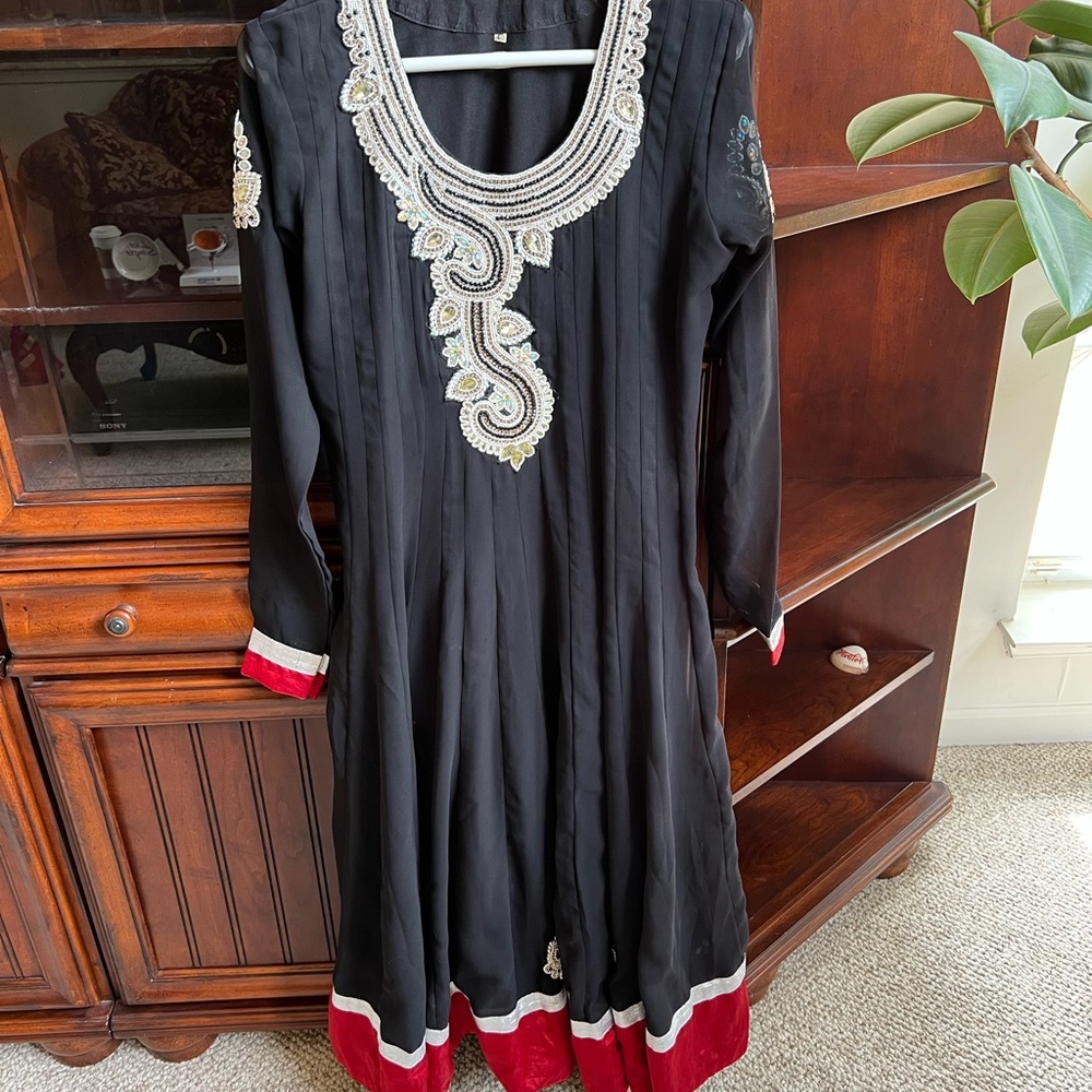 Black White Red Embroidered Anarkali Dress Suit